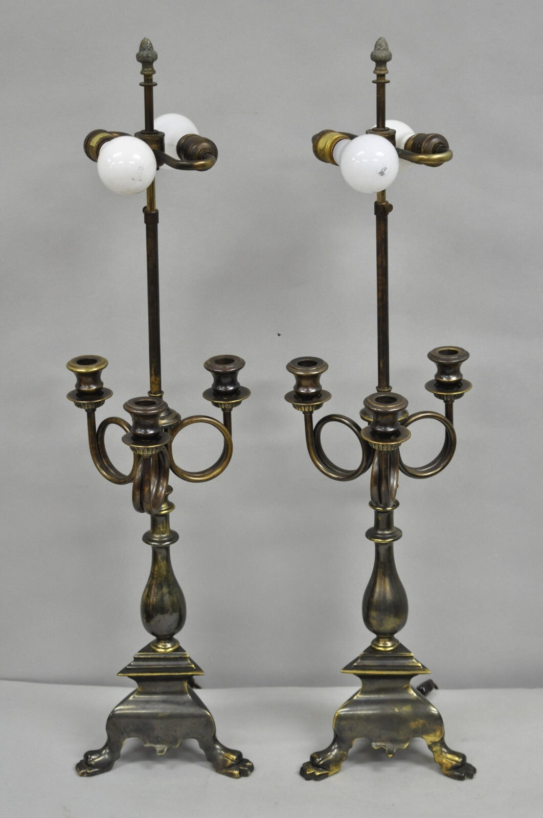 Frederick Cooper French Empire Brass Patina Trumpet Candelabra Table Lamp Pair
