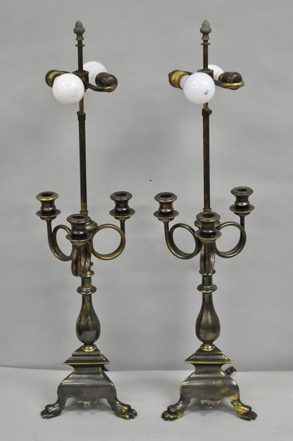Frederick Cooper French Empire Brass Patina Trumpet Candelabra Table Lamp Pair