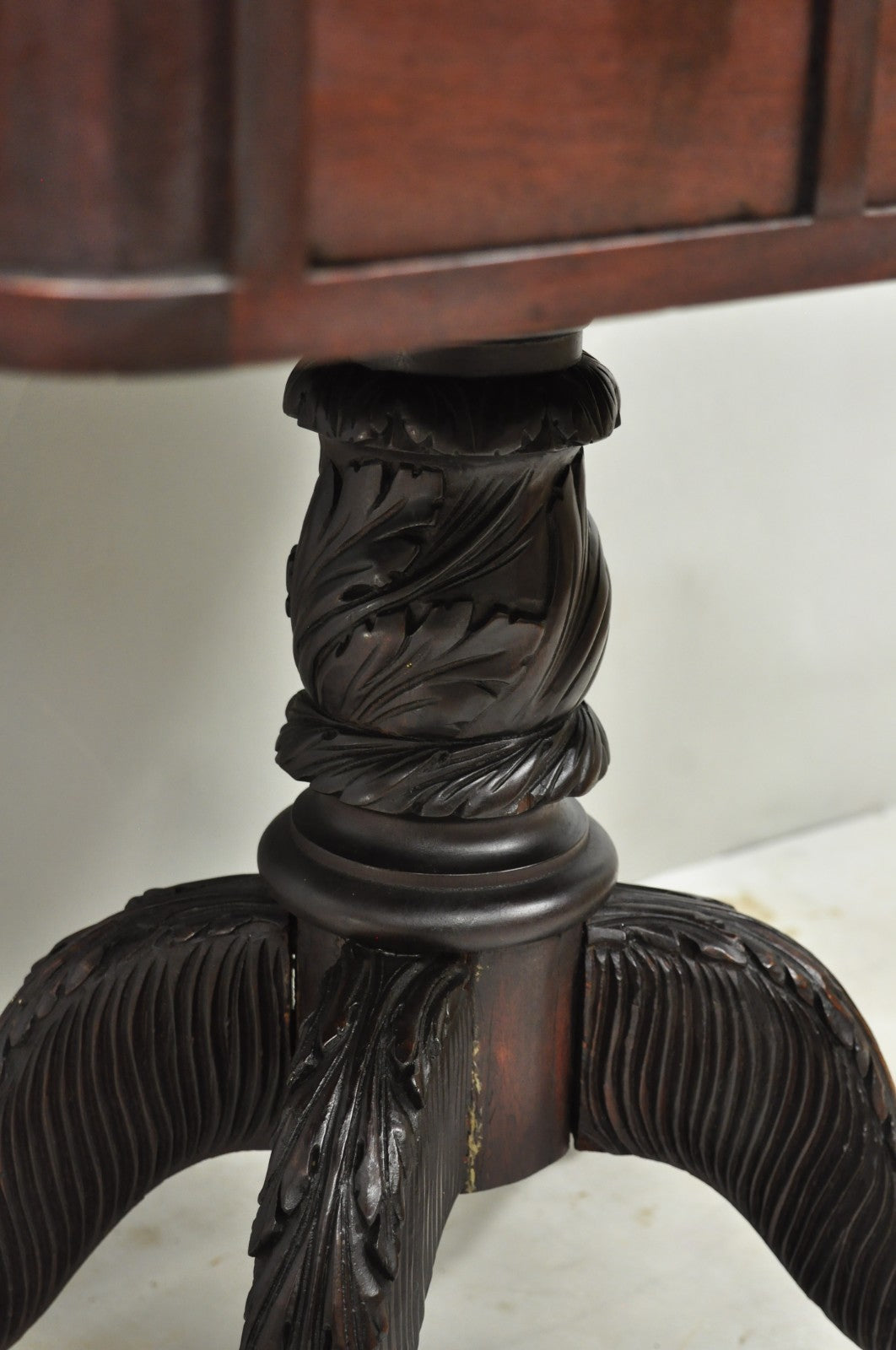 Antique American Empire Carved Paw Foot Pedestal Base Work Stand Side Table