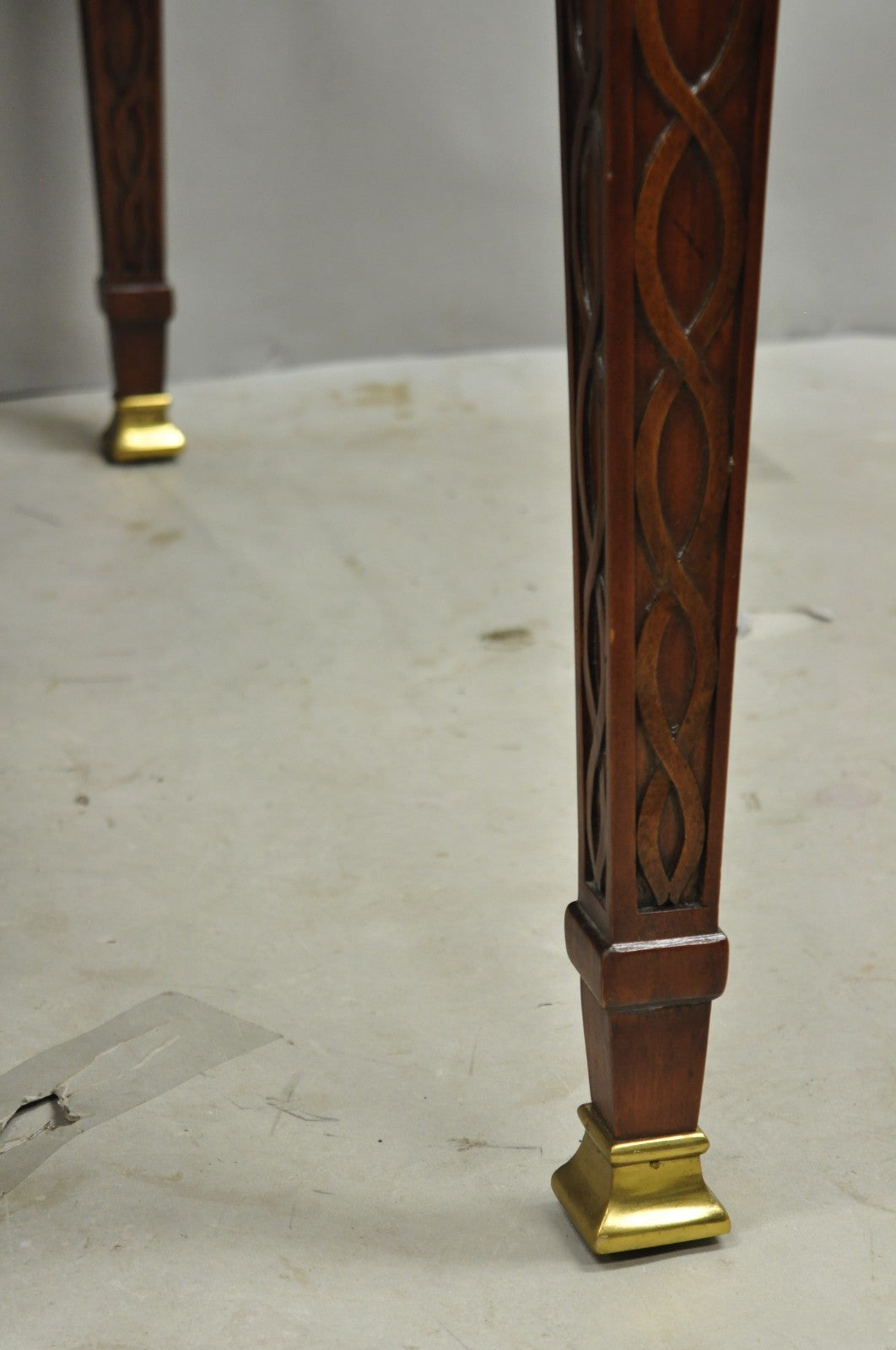 Maitland Smith Marquetry Inlay Leather Mahogany Game Table & 4 Shield Back Chair
