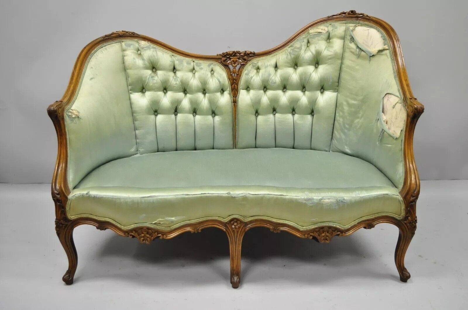 Antique French Louis XV Style Carved Walnut Double Hump Back Settee Loveseat