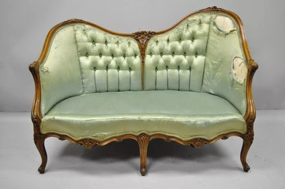 Antique French Louis XV Style Carved Walnut Double Hump Back Settee Loveseat