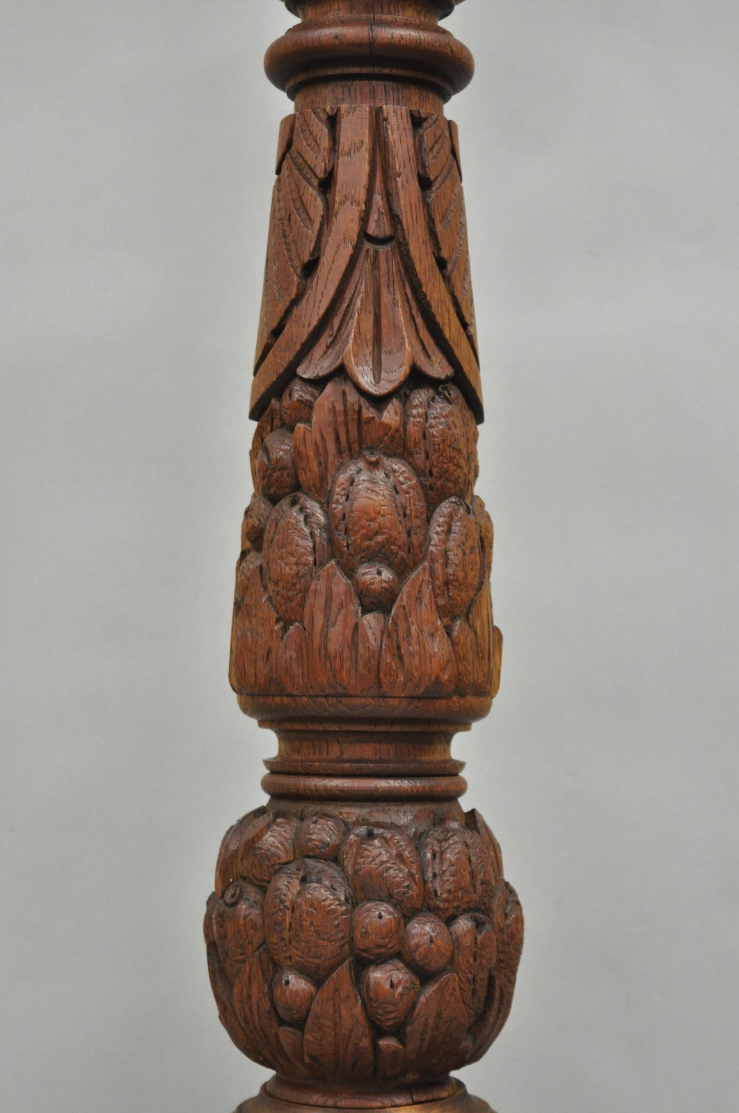 Antique French Country Reclaimed Harvest Carved Oak Wood Baluster Table Lamp