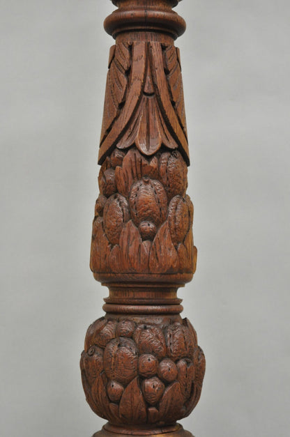 Antique French Country Reclaimed Harvest Carved Oak Wood Baluster Table Lamp