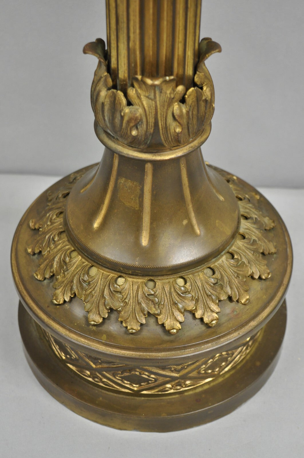 Antique French Empire Patinated Bronze Corinthian Column Candlestick Table Lamp
