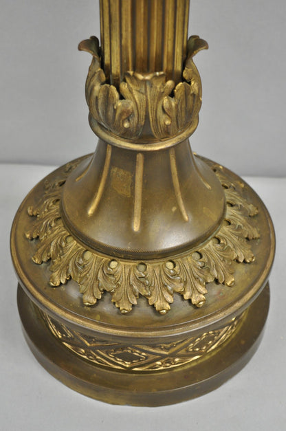 Antique French Empire Patinated Bronze Corinthian Column Candlestick Table Lamp