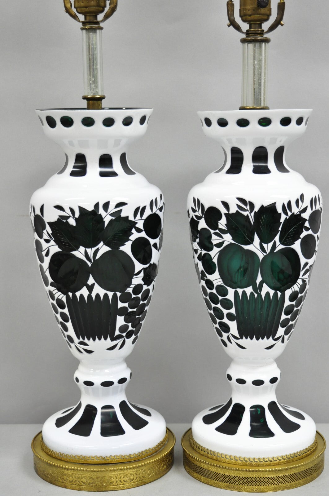 Antique Bohemian Green & White Fruit Harvest Czechoslovakian Table Lamps - Pair