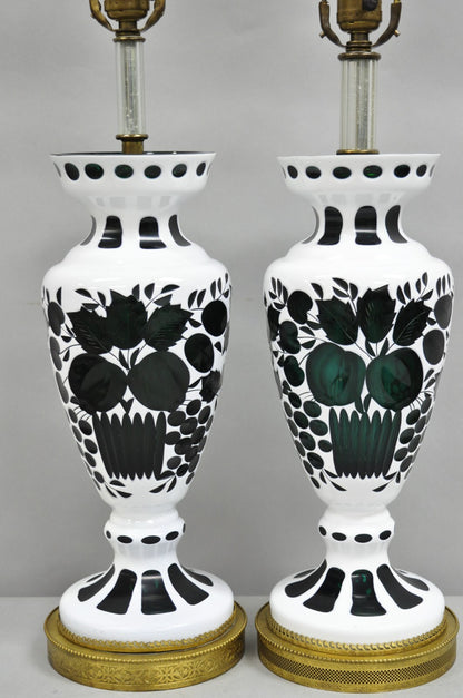 Antique Bohemian Green & White Fruit Harvest Czechoslovakian Table Lamps - Pair
