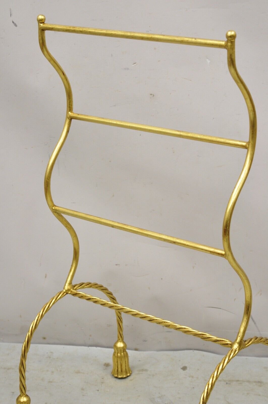 Vtg Italian Hollywood Regency Gold Gilt Metal Iron Towel Rack with Tassel Feet