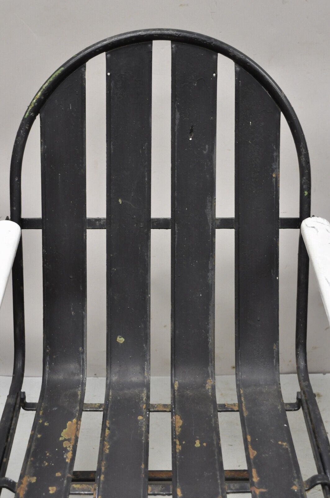 Pair Vintage Art Deco Black and White Steel Metal Slat Patio Bouncer Chairs