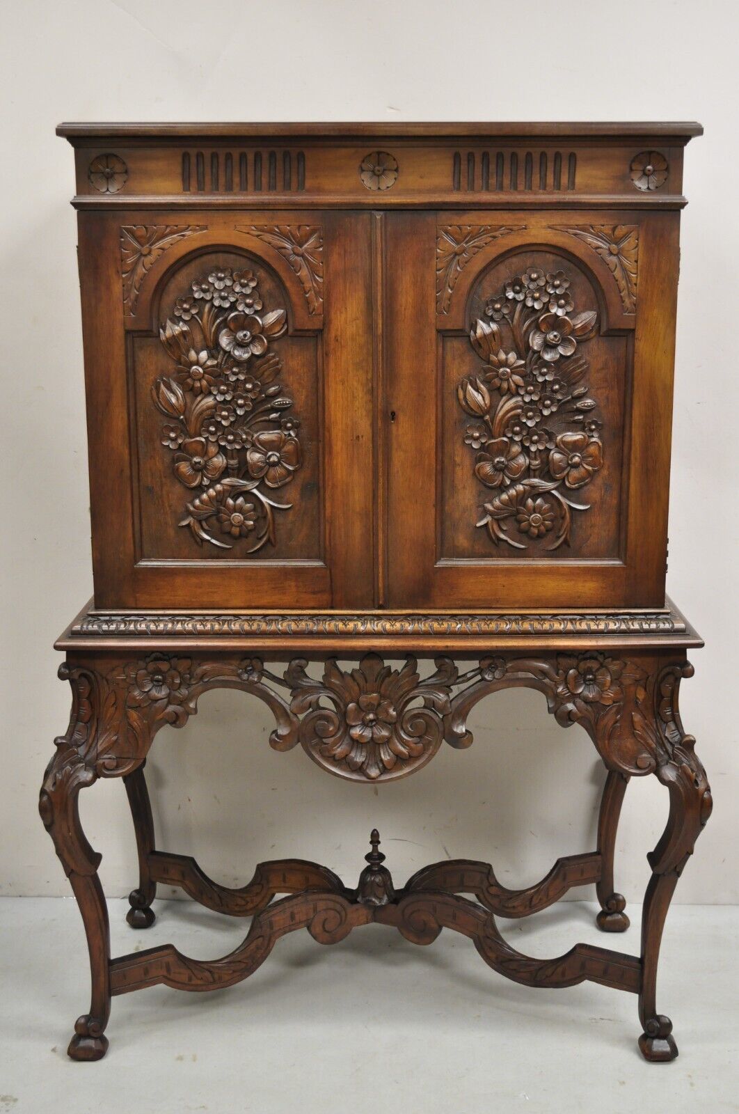 Antique French Renaissance Flower Carved Walnut China Cabinet Radio Bar Cabinet