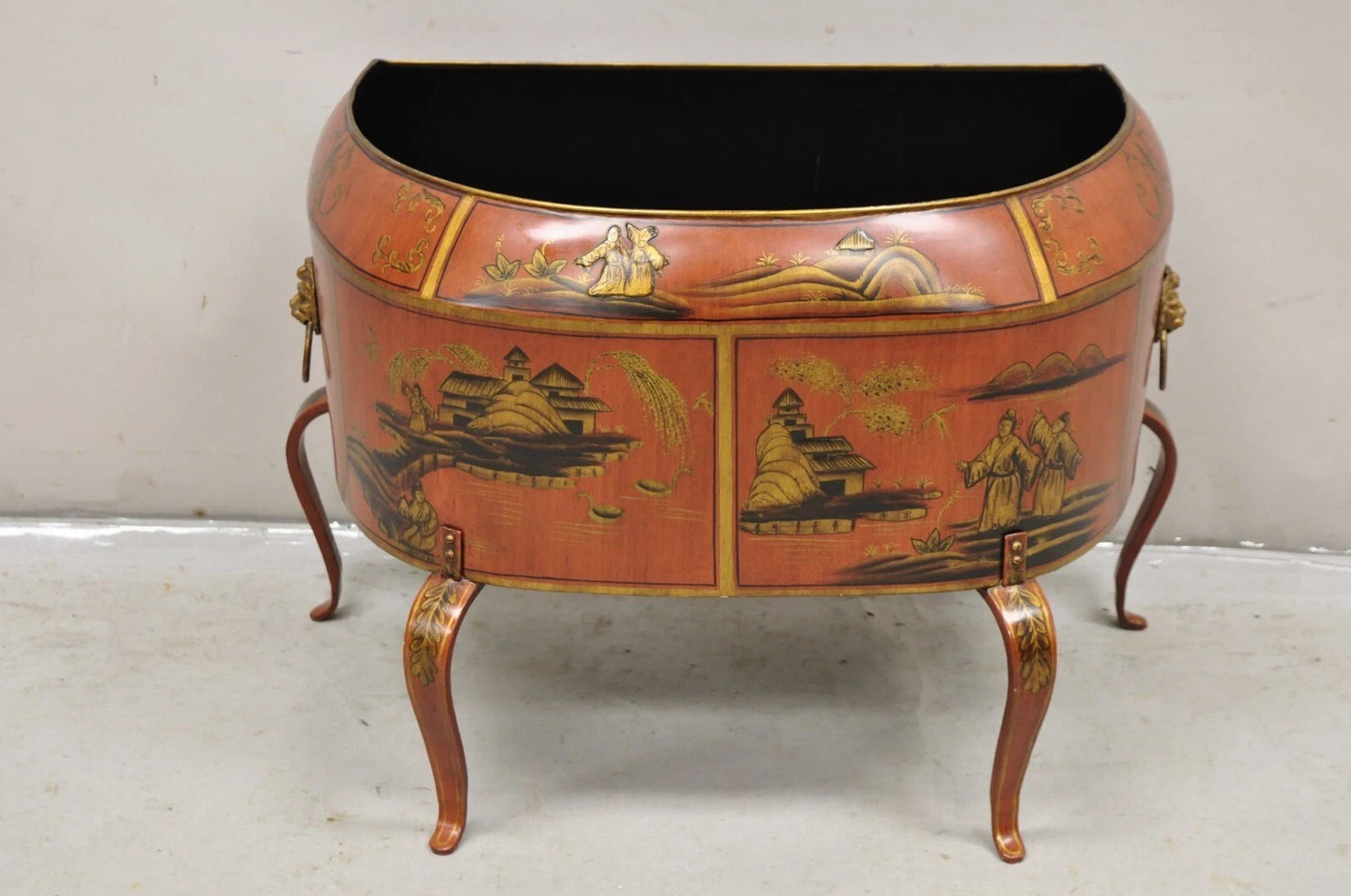 Italian Red Tole Metal Chinoiserie Gilt Decorated Floor Jardiniere Planter Pot