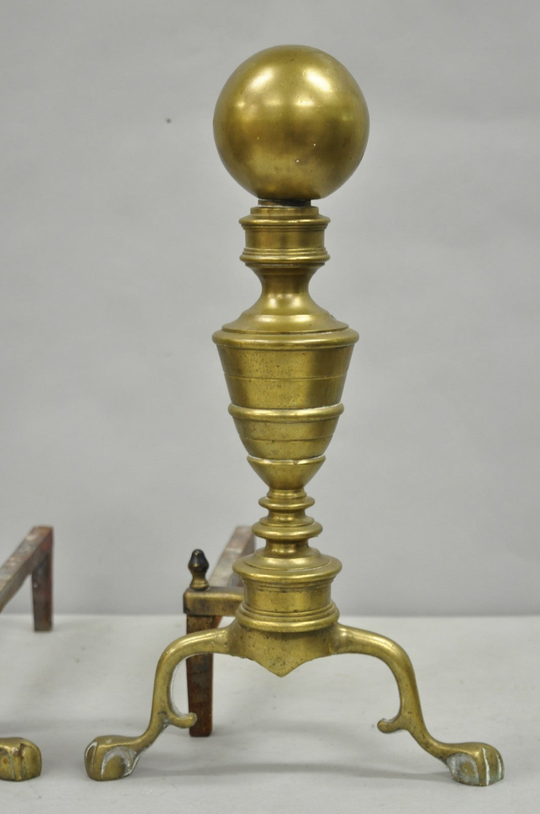 Antique English Victorian Brass Cannonball Ball and Claw Fireplace Andirons Pair