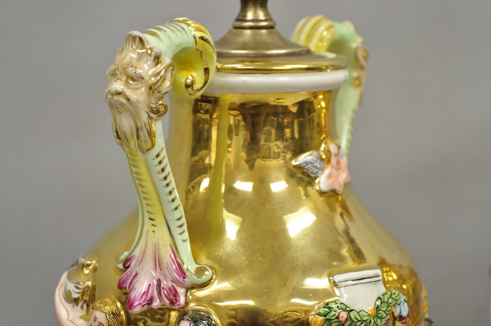 Antique Capodimonte Figural Porcelain Twin Handle Urn Gold Vase Table Lamps Pair