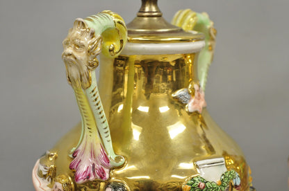 Antique Capodimonte Figural Porcelain Twin Handle Urn Gold Vase Table Lamps Pair