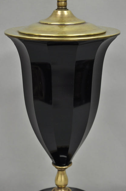 Antique French Neoclassical Black Faceted Oplalene Glass Urn Brass Table Lamp