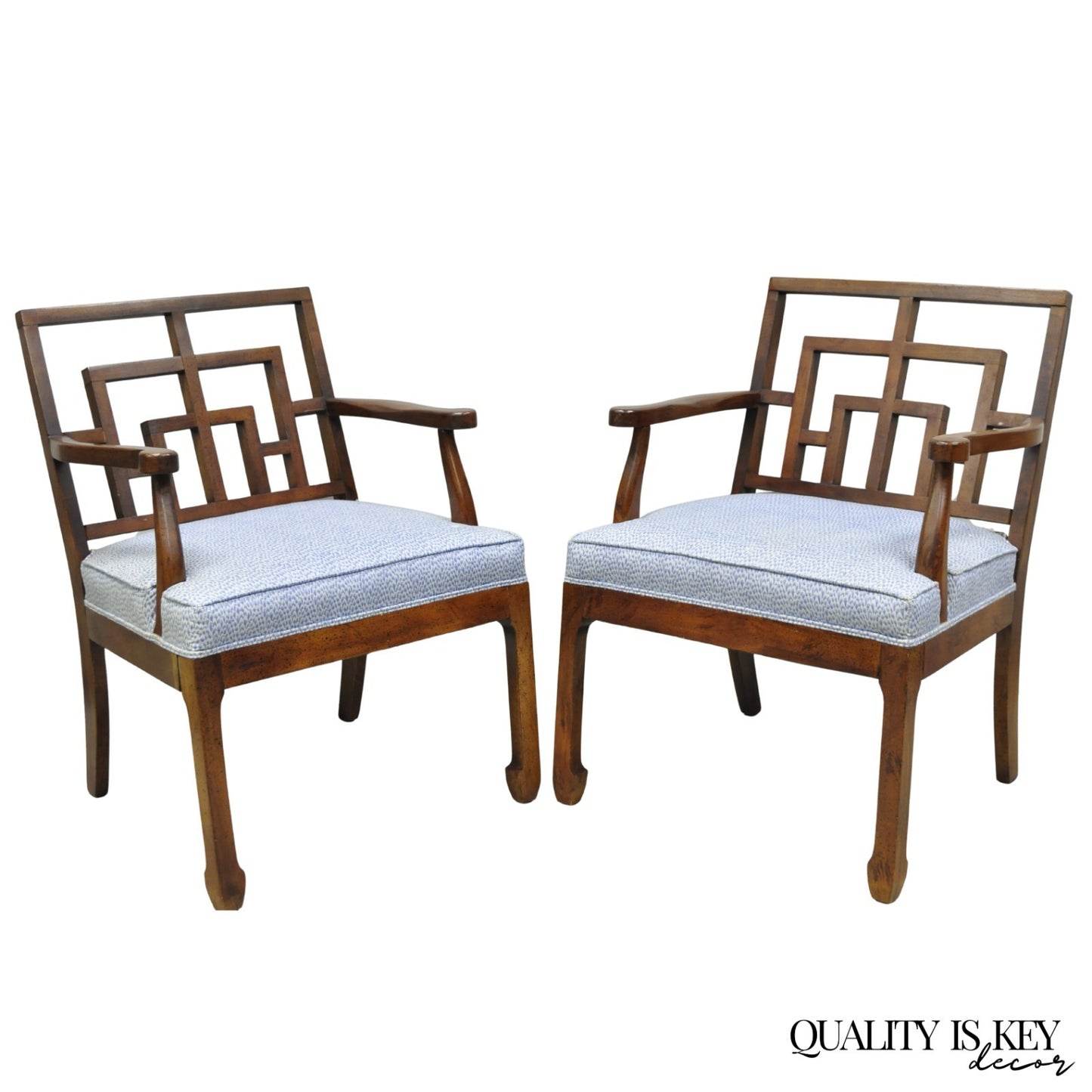 Vintage Chinese Chippendale James Mont Style Fretwork Lounge Arm Chairs - a Pair
