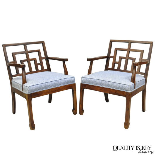 Vintage Chinese Chippendale James Mont Style Fretwork Lounge Arm Chairs - a Pair