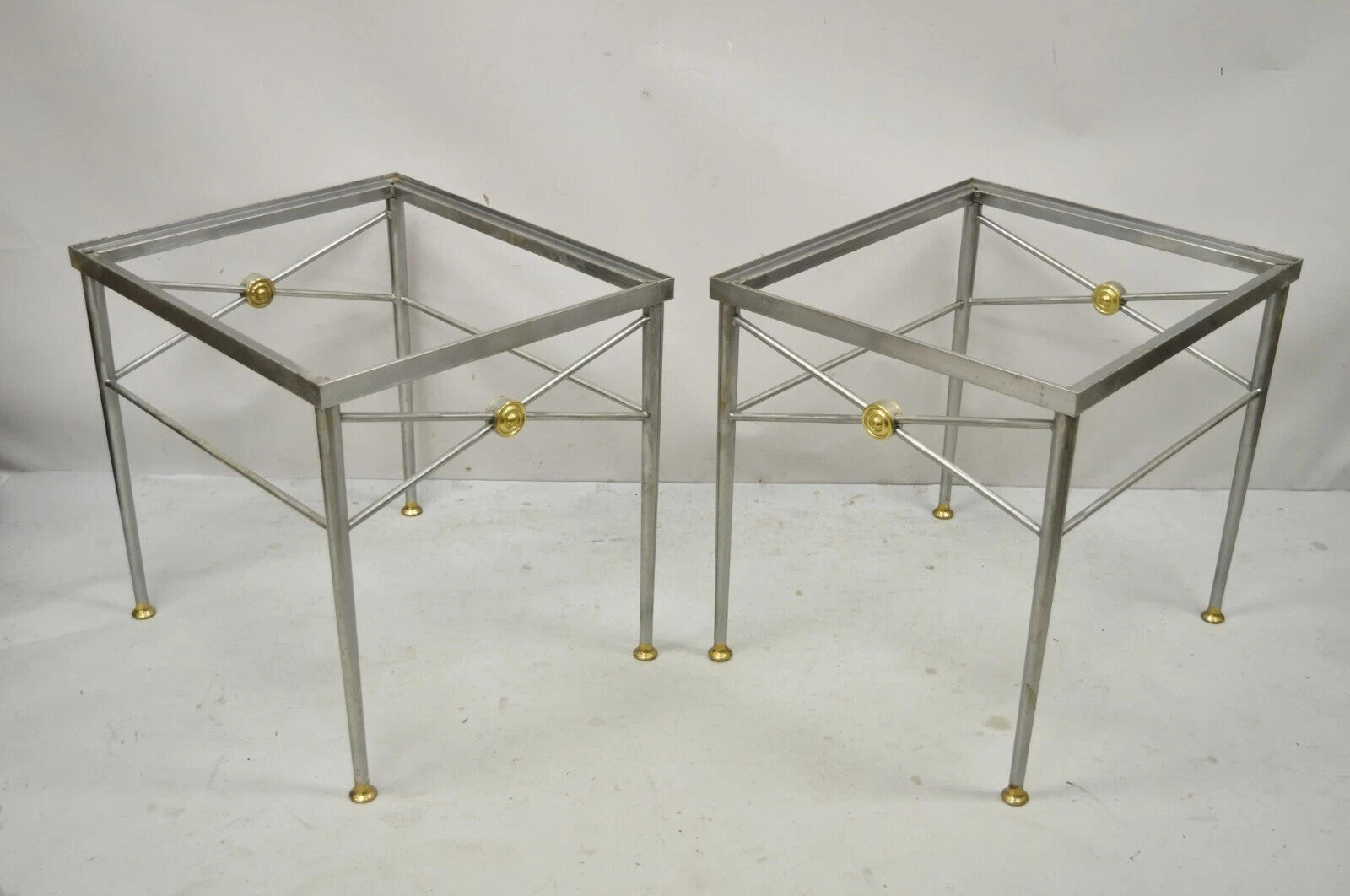 Italian Directoire Maison Jansen Style Brushed Steel & Brass End Tables - a Pair
