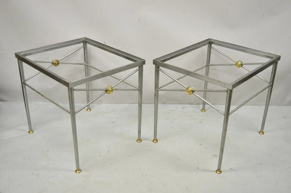 Italian Directoire Maison Jansen Style Brushed Steel & Brass End Tables - a Pair