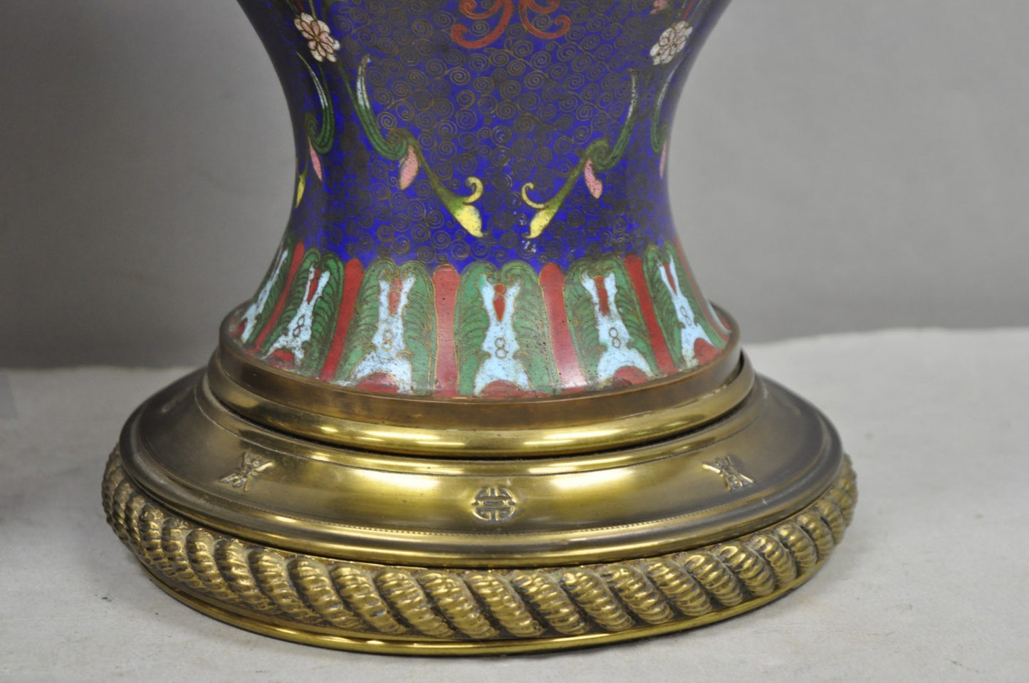 Vintage Chinoiserie Blue Enamel Chinese Brass Jardinierie Table Lamps - a Pair