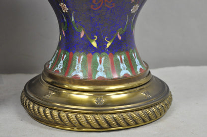Vintage Chinoiserie Blue Enamel Chinese Brass Jardinierie Table Lamps - a Pair