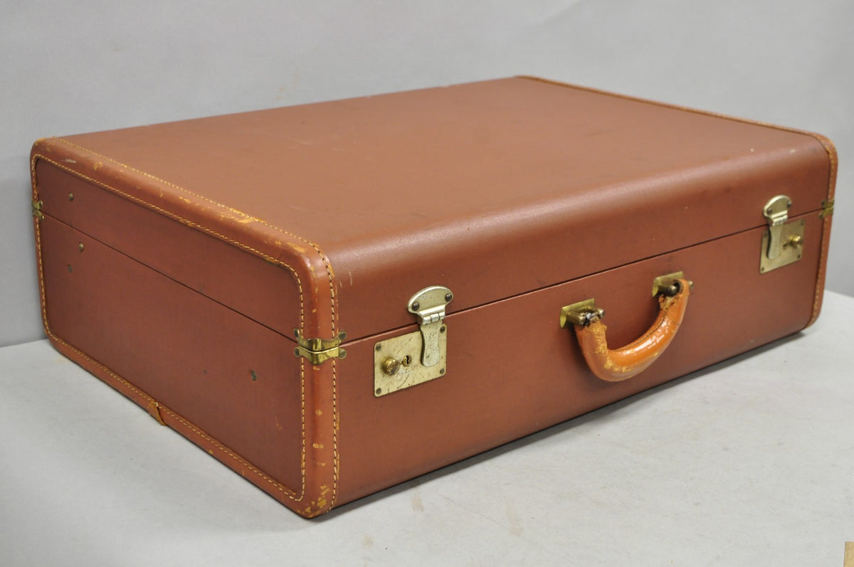 Vintage Art Deco Brown Hard Shell 24" Travel Suitcase Luggage w/ Fitted Interior