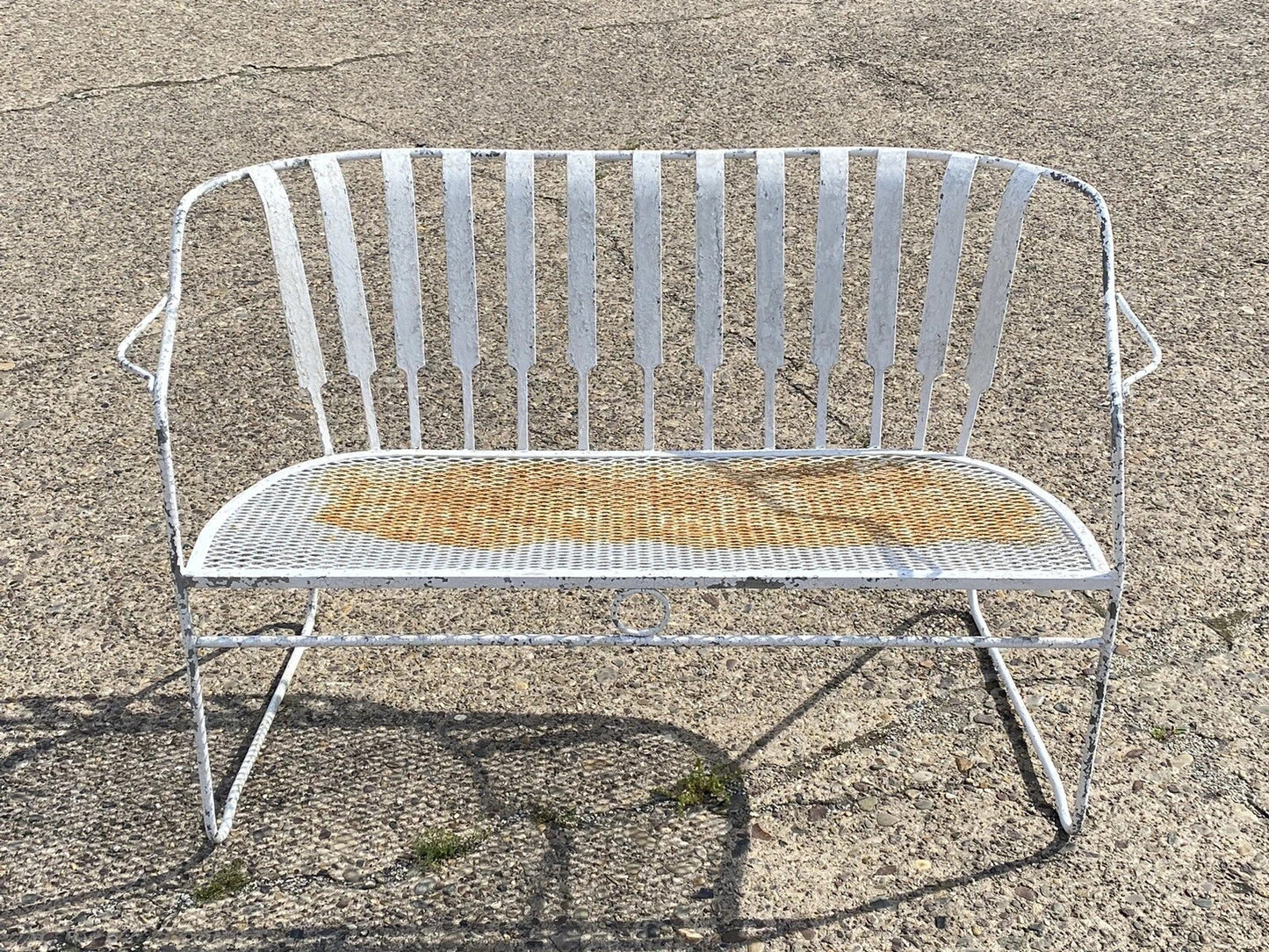 Vintage Mid Century Modern Wrought Iron Sculptural Garden Patio Loveseat Sofa