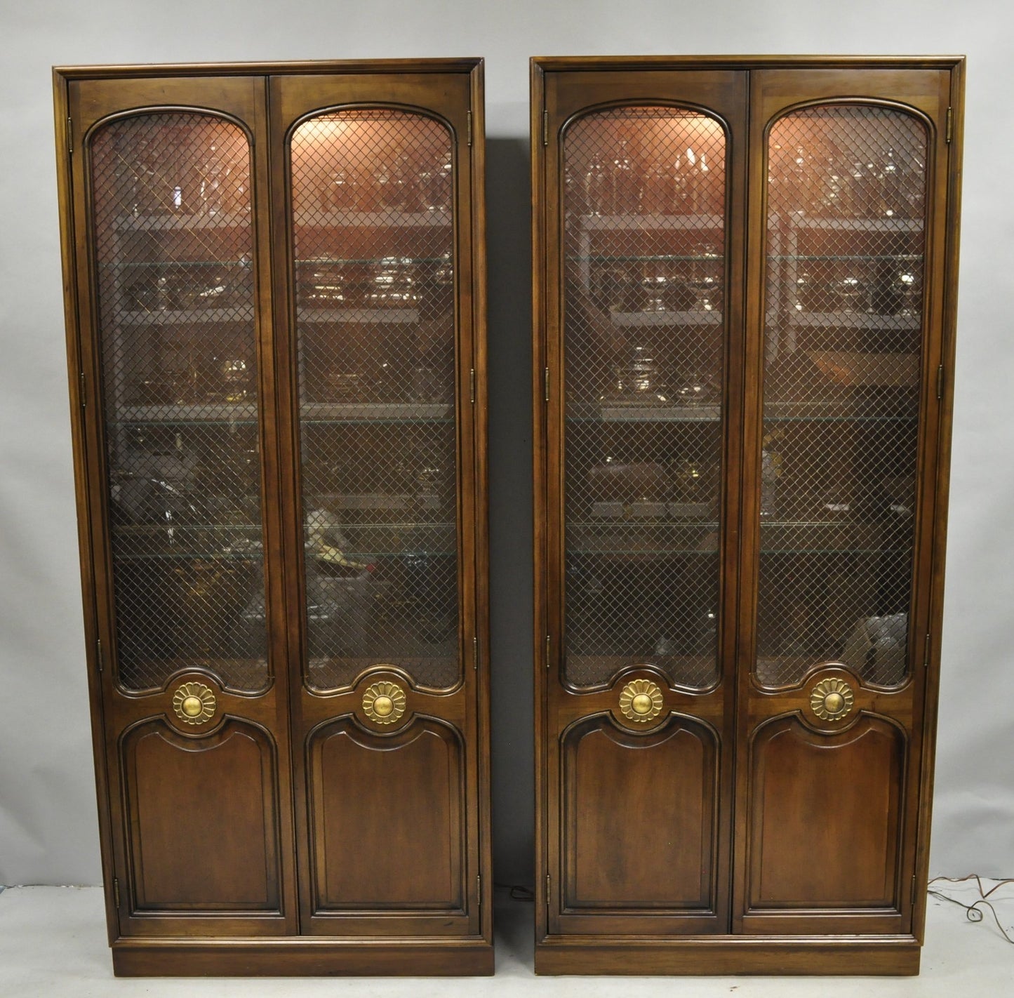 Vintage French Country Dark Cherry Wood Tall Lighted Curio Display Cabinet Pair