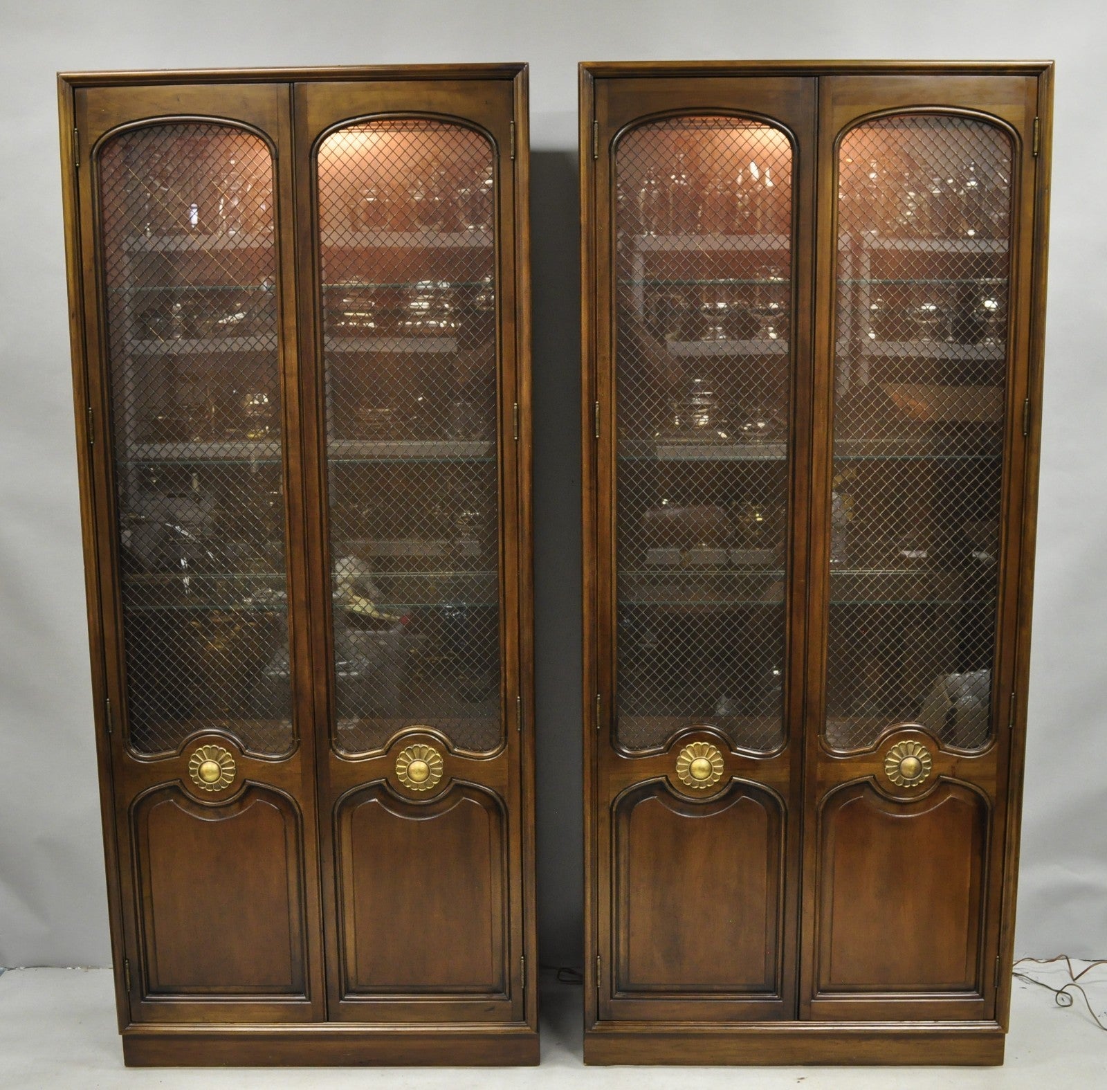 Vintage French Country Dark Cherry Wood Tall Lighted Curio Display Cabinet Pair