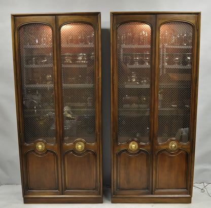 Vintage French Country Dark Cherry Wood Tall Lighted Curio Display Cabinet Pair