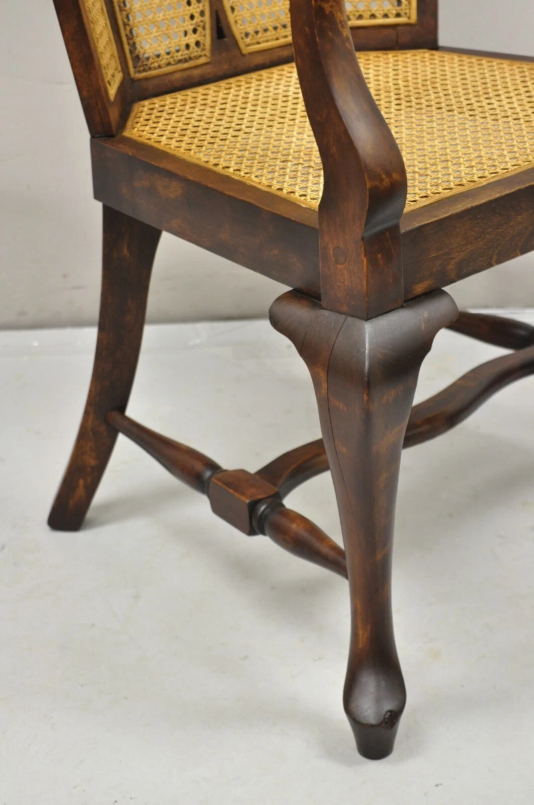 Antique Victorian Walnut and Cane Carved Lounge Arm Chair w/ Queen Anne Legs