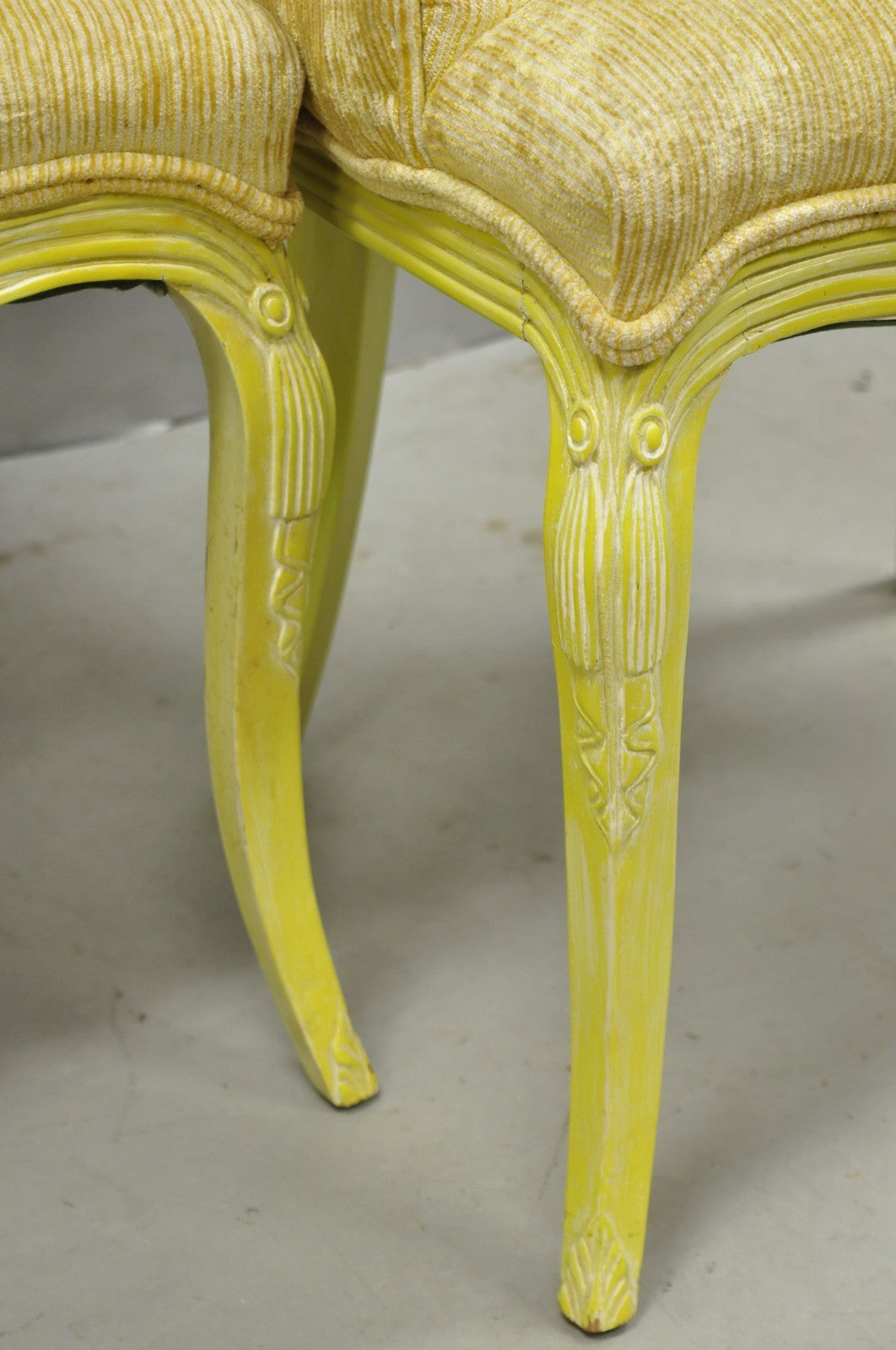 Vintage French Hollywood Regency Yellow Tufted Drape Carved Side Chairs - a Pair