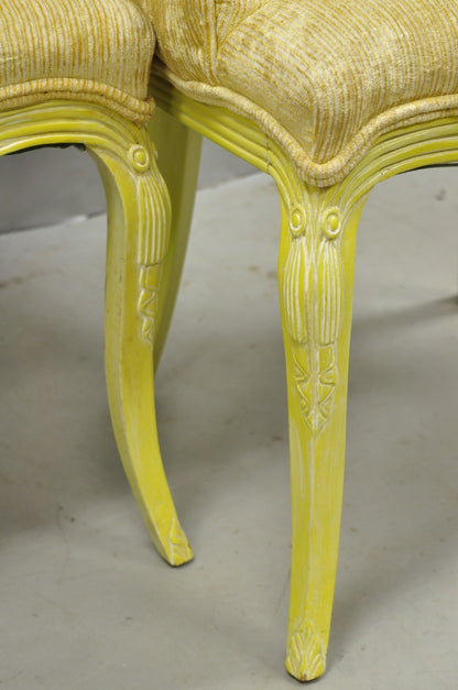 Vintage French Hollywood Regency Yellow Tufted Drape Carved Side Chairs - a Pair