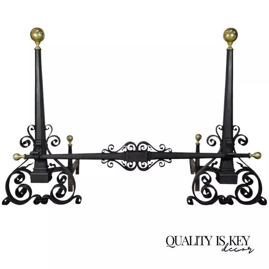 Antique Mission Arts & Crafts Scrolling Wrought Iron & Brass Large Andiron Set