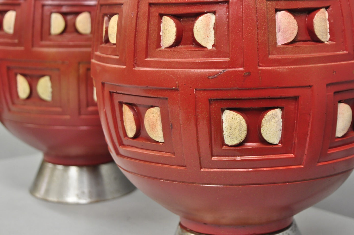 Mid Century Modern Space Age Red Ceramic "Beehive" Large Table Lamps - a Pair