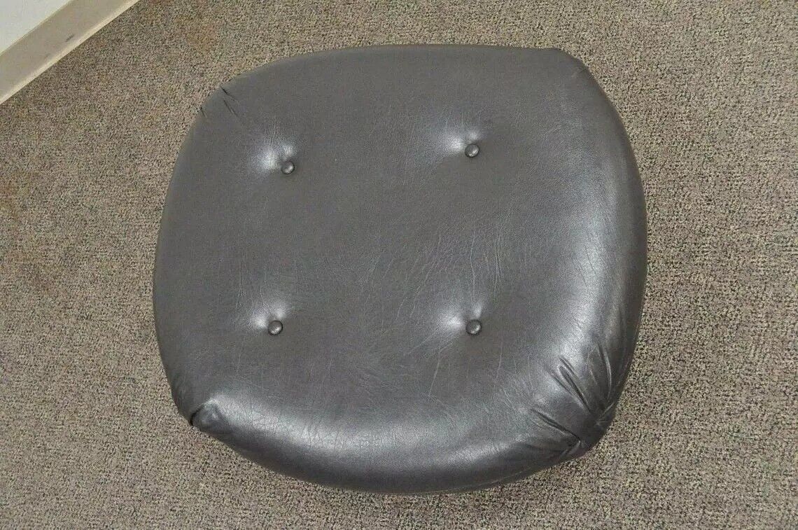 Vintage Mid Century Modern Tufted Brown Vinyl Walnut Chair Ottoman Footstool