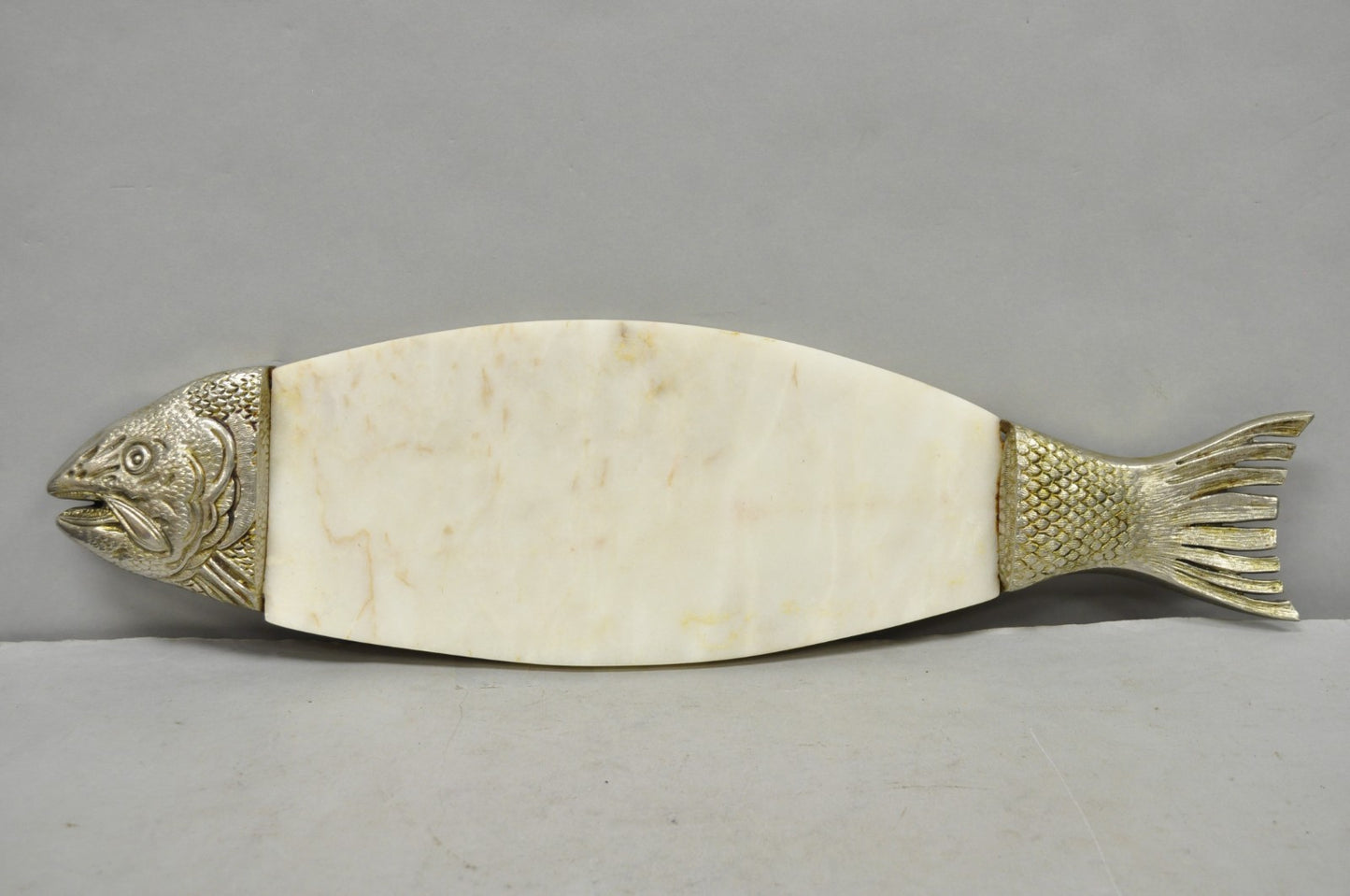 Vintage Mid Century Modern Fish Marble Metal Cutting Board Sushi Serving Platter