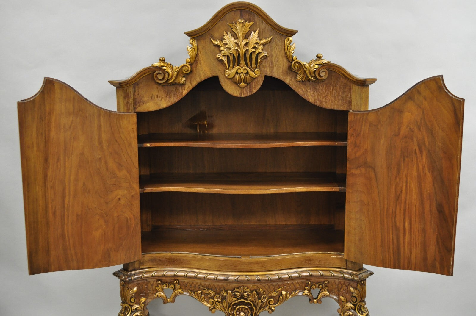 French Rococo Carved Walnut Hand Painted Louis XV Style Blind China Cabinet Bar