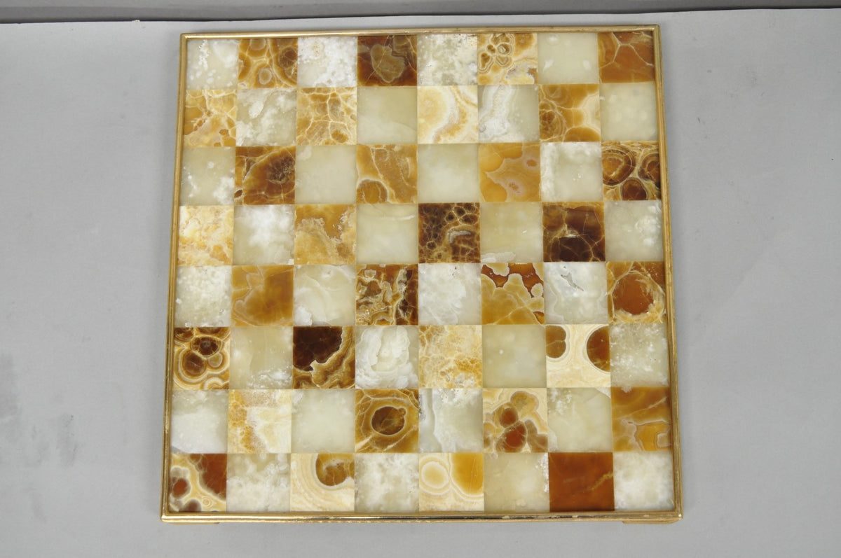 Vintage Mid Century Modern Mosaic Brown Onyx Stone Chess Game Checkerboard