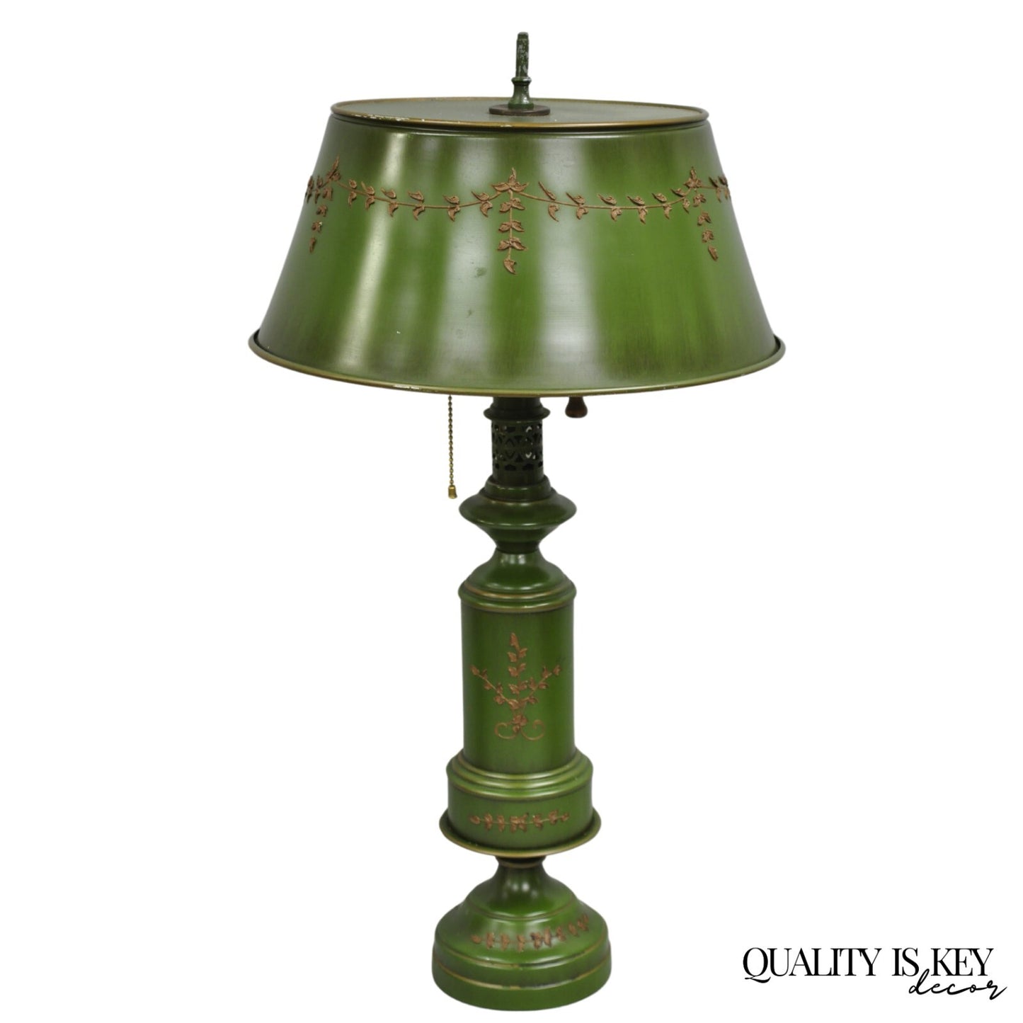 Vintage French Country Green Tole Metal Tall Lantern Table Lamp with Shade