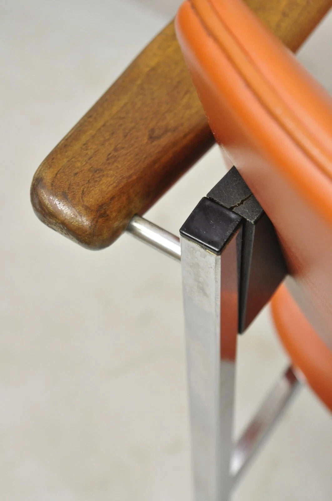Vintage Mid Century Modern Orange Chrome Frame Sloped Wood Arm Side Desk Chair