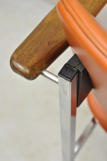 Vintage Mid Century Modern Orange Chrome Frame Sloped Wood Arm Side Desk Chair