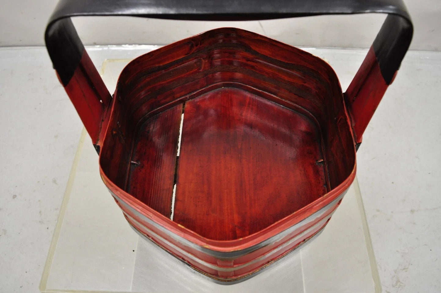 Vintage Chinese Black & Red Lacquer Floral Painted Lidded Wooden Tea Caddy Box
