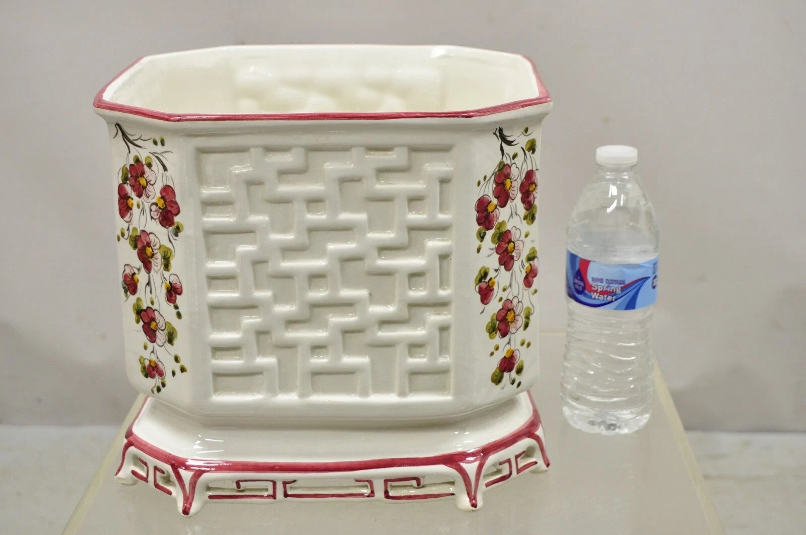 Vintage Chinoiserie Italian Porcelain Lattice Fretwork Pink Flower Planter Pot