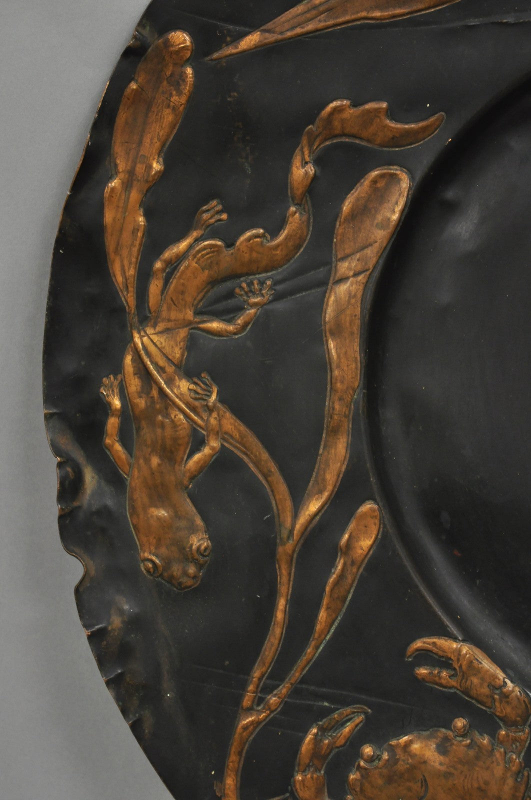 Antique Jugendstil Figural Copper Platter Charger of Fish by Steinicken & Lohr