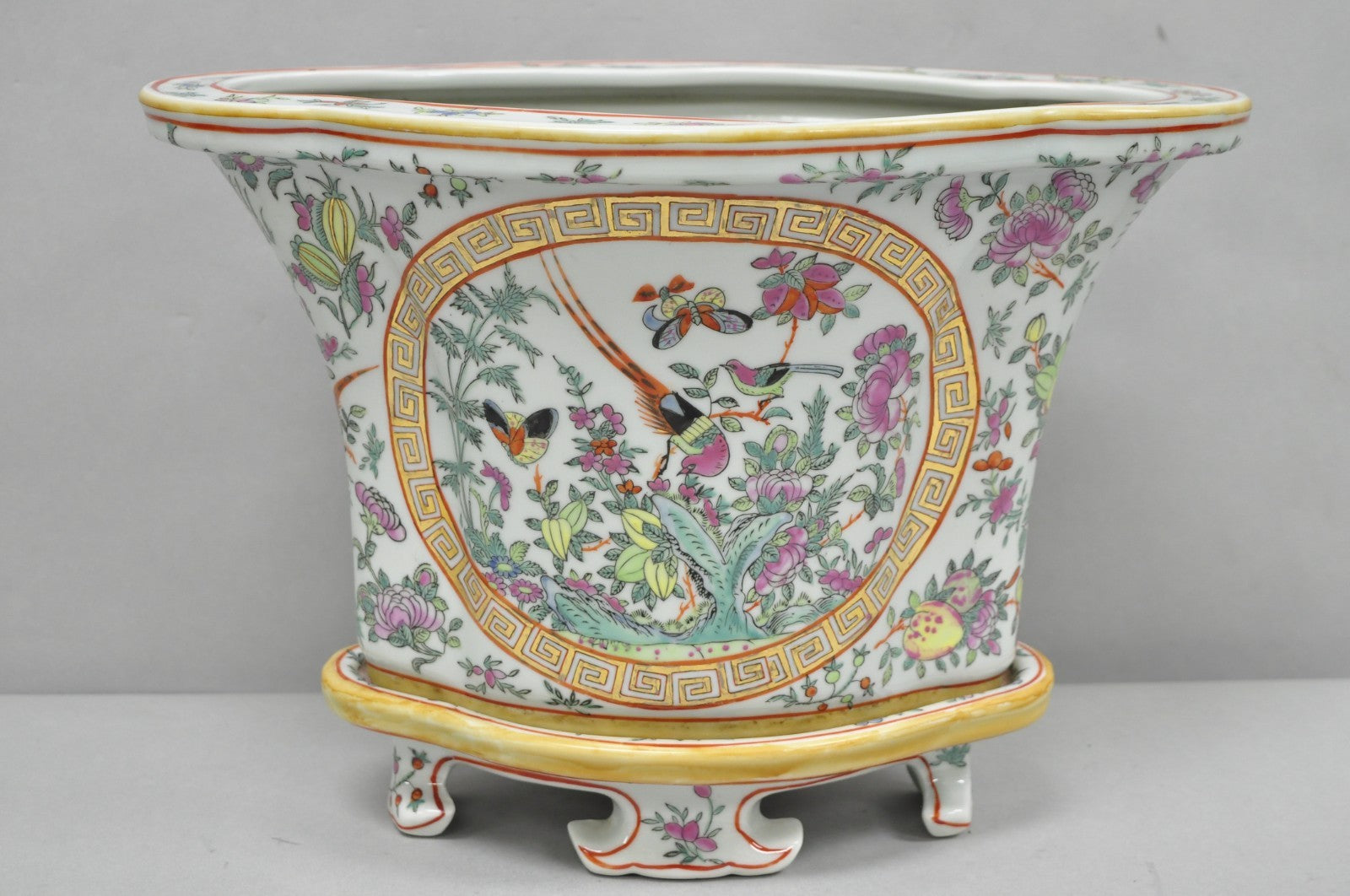 Vintage Chinese Export Porcelain Bird Painted Cachepot Flower Pot Vase