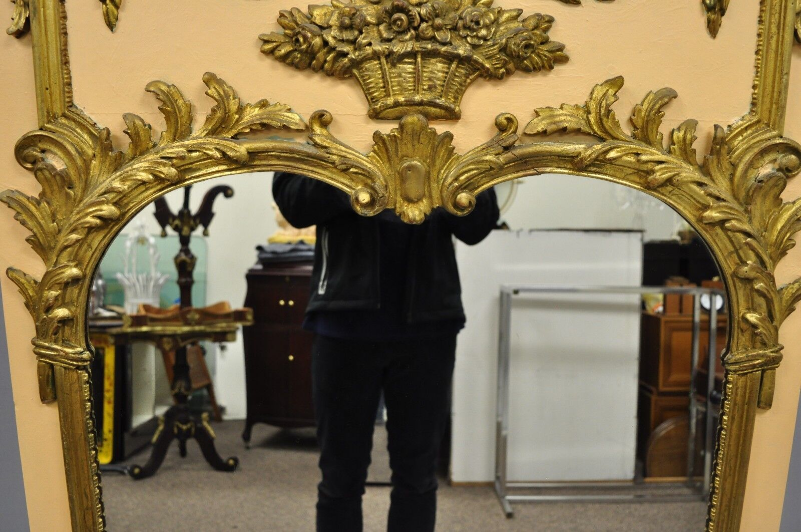 Antique French Louis XV Style Large Peach & Gold Giltwood Trumeau Wall Mirror