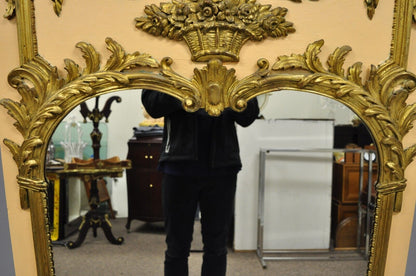Antique French Louis XV Style Large Peach & Gold Giltwood Trumeau Wall Mirror