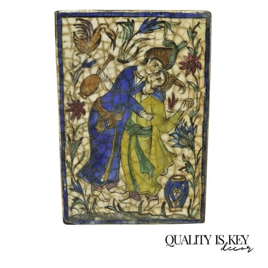 Antique Persian Iznik Qajar Style Ceramic Pottery Tile Man and Woman Embrace C1